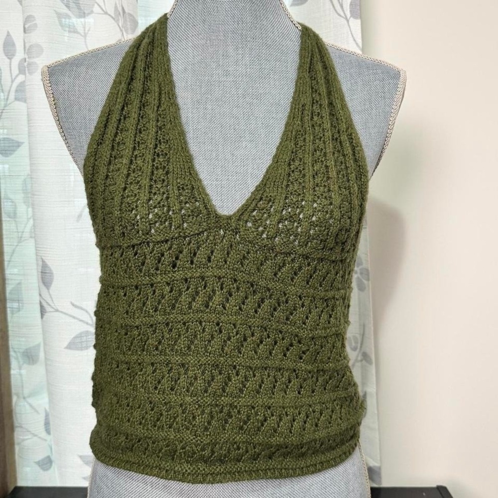 Y2K Olive Mohair Wool Halter‎ Knit Crochet Top Open Back Tie Boho Fairycore Sz L